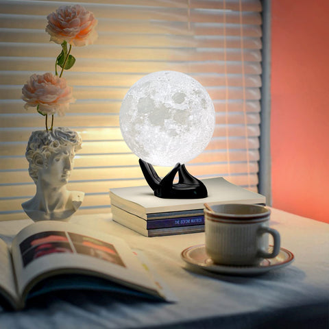 Brightworld Moon Lamp serves as a night light in a bedroom or study