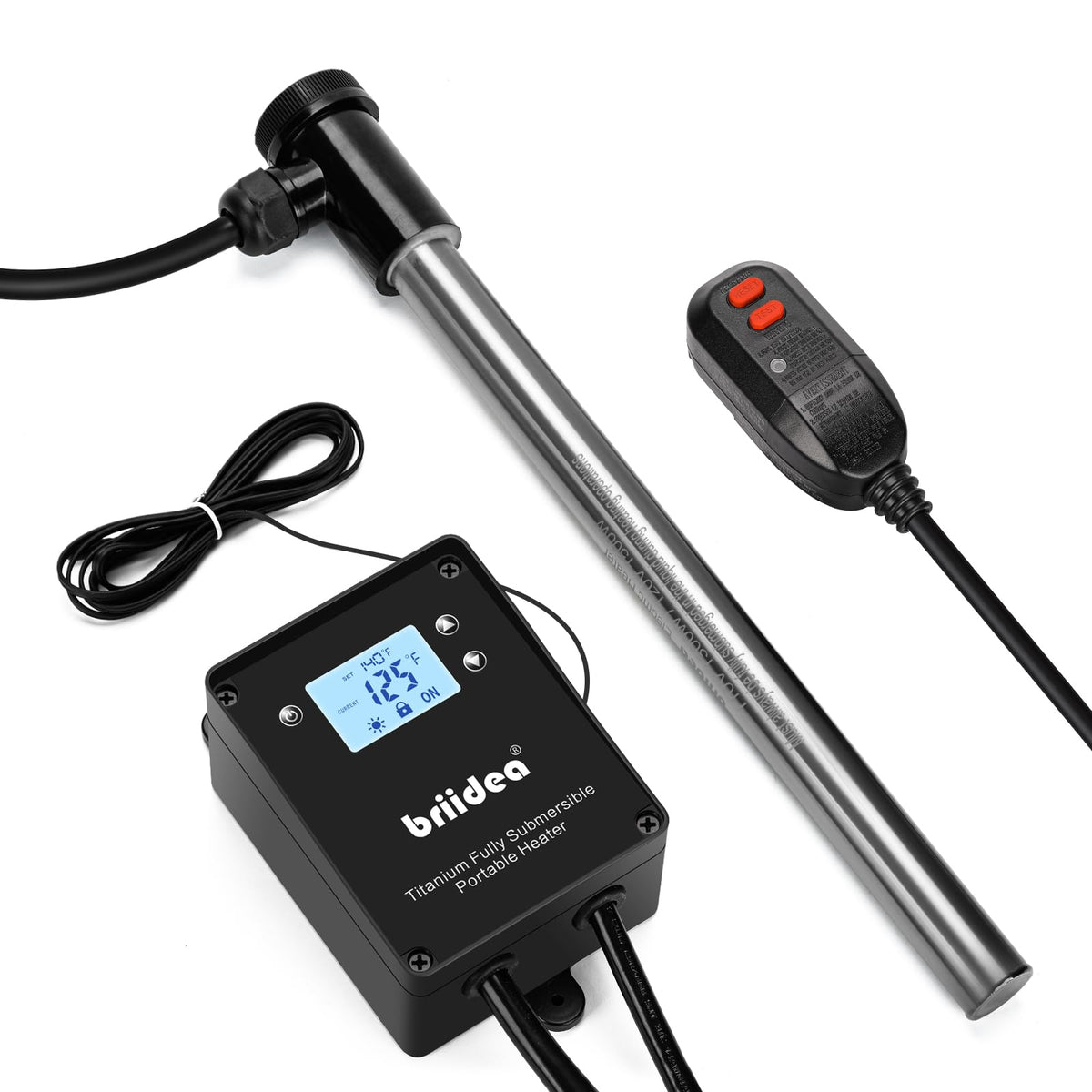 Briidea 1500W titanium immersion heater submerged in water for rapid heating