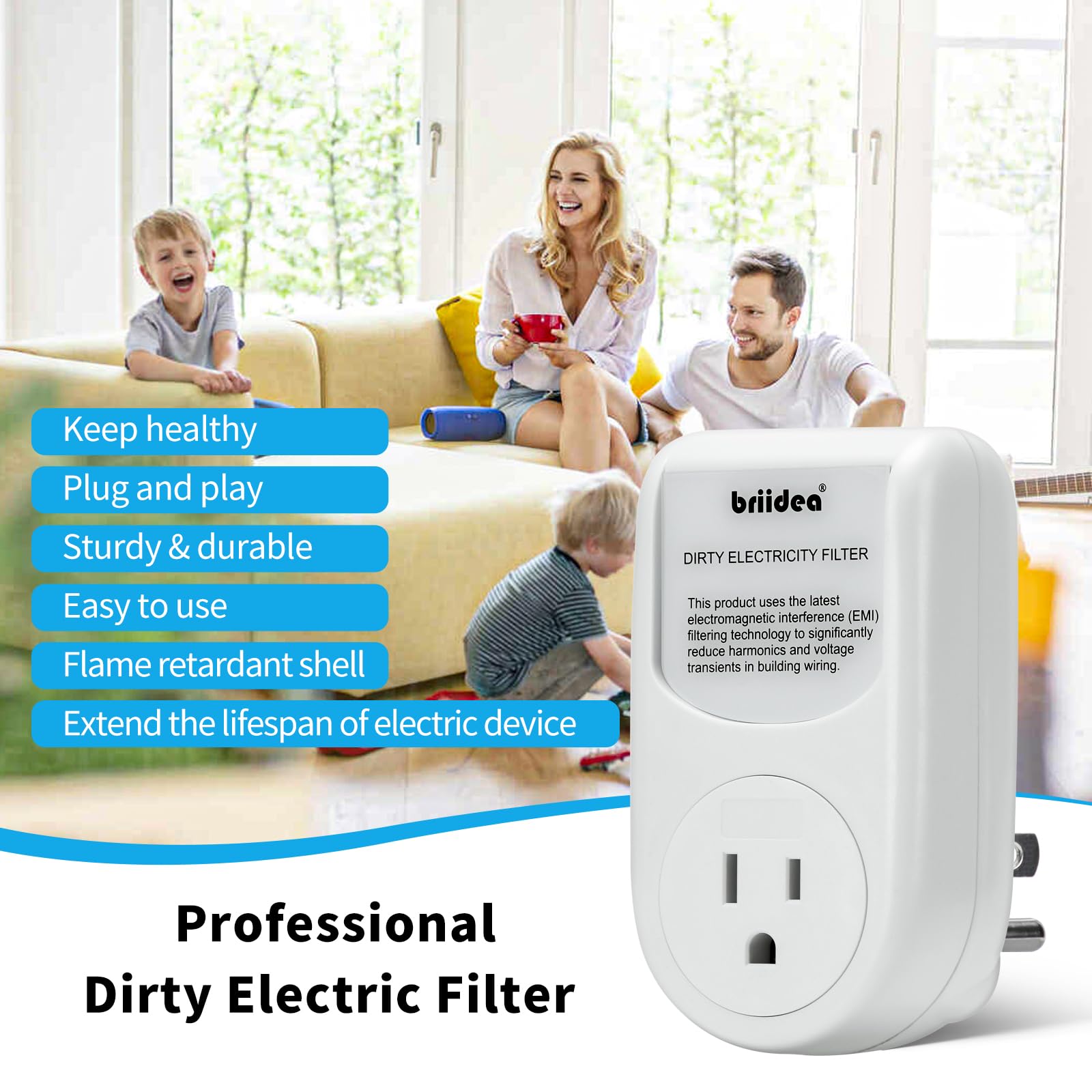 Briidea Dirty Electricity Filter plugged into outlet with devices connected for stable power