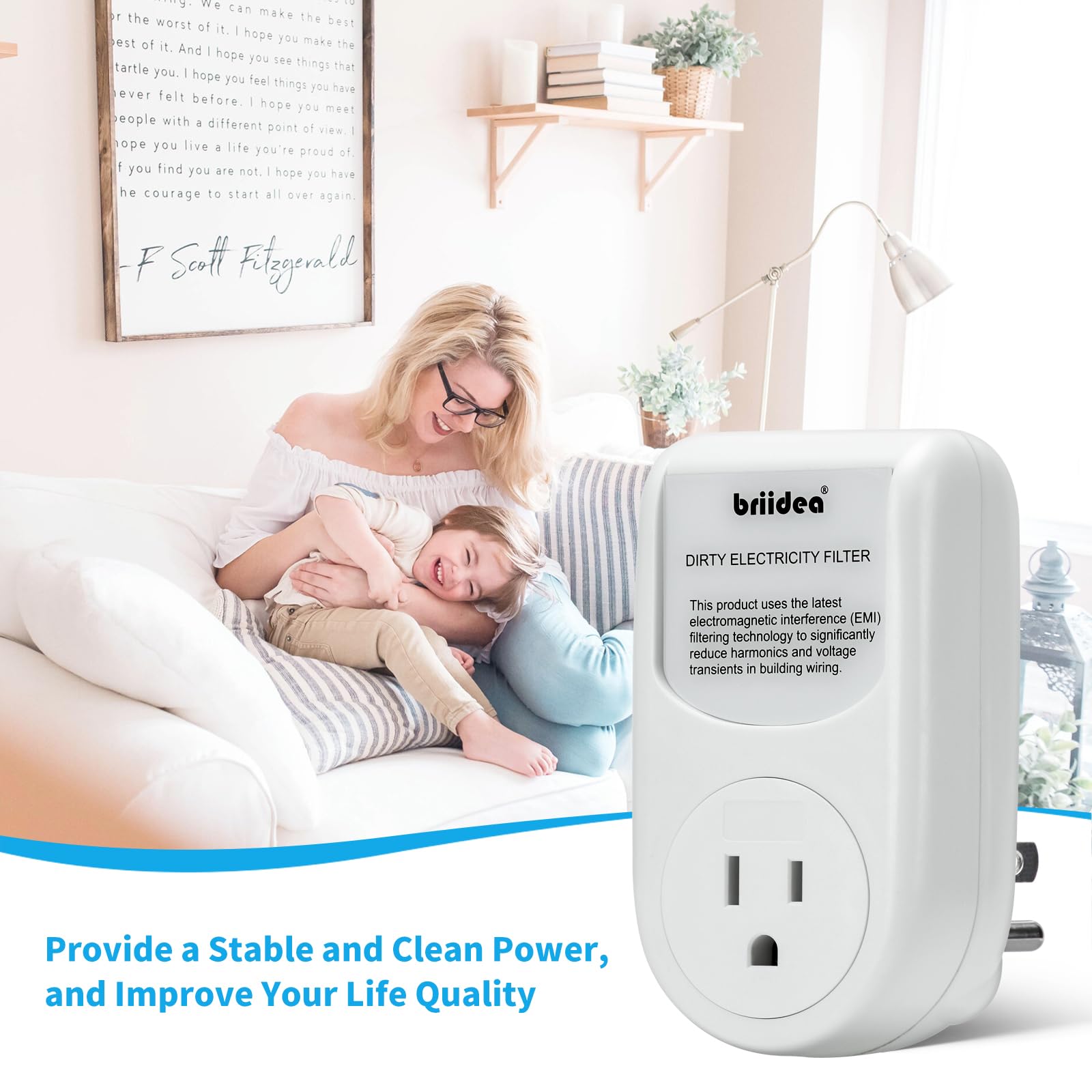 Briidea Dirty Electricity Filter plugged into outlet with multiple devices maintaining power quality