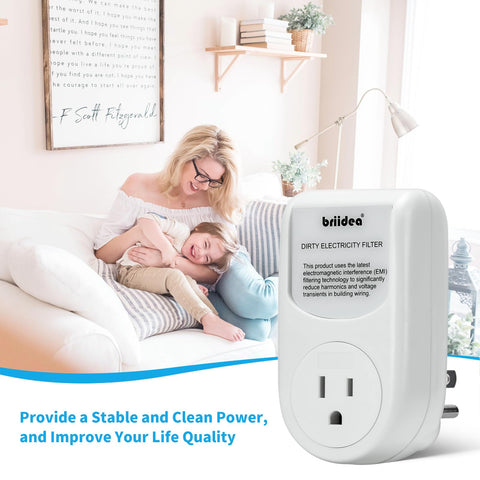 Briidea Dirty Electricity Filter plugged into outlet with multiple devices maintaining power quality