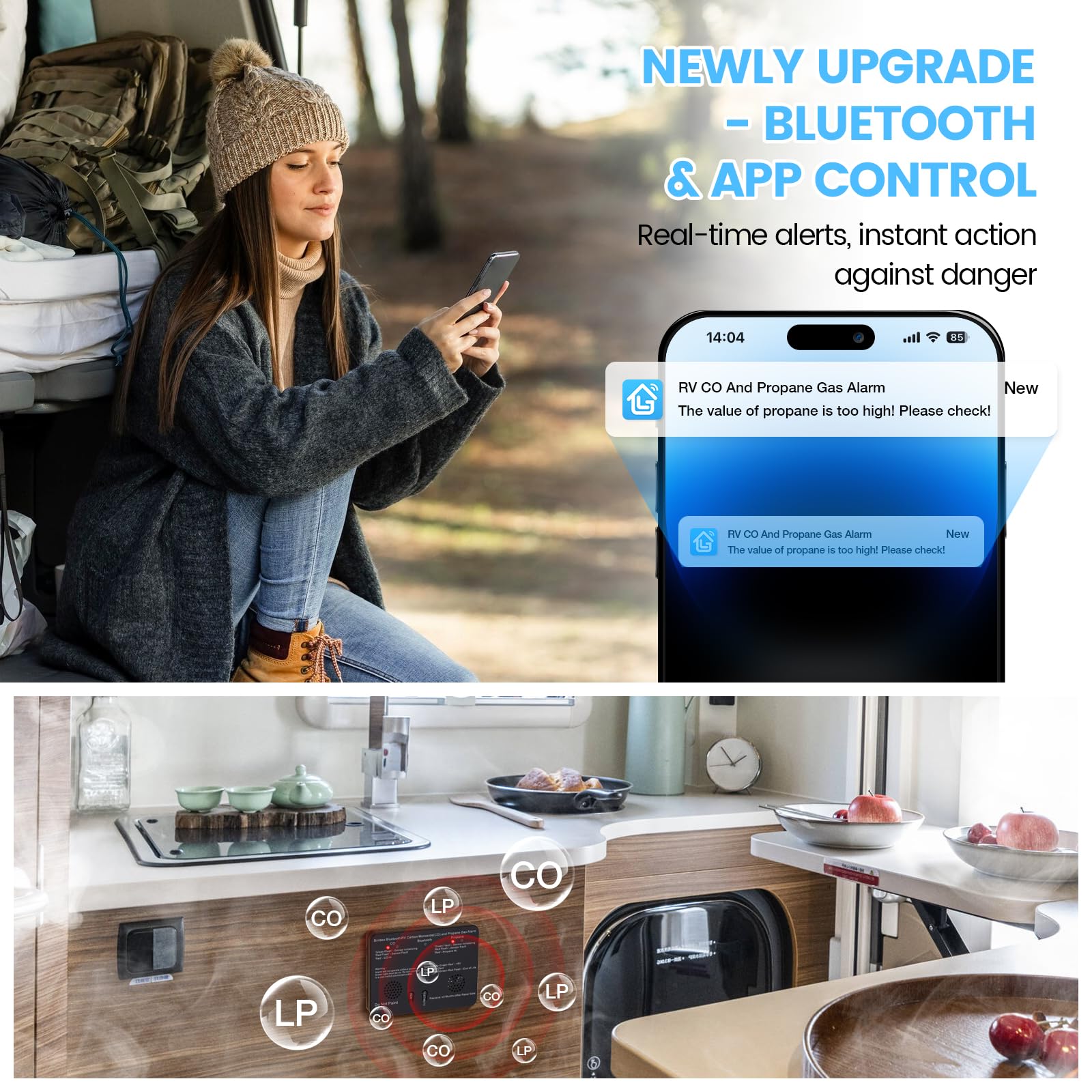 Briidea device via GeniLife app shows CO/propane levels and sensor status for proactive safety.