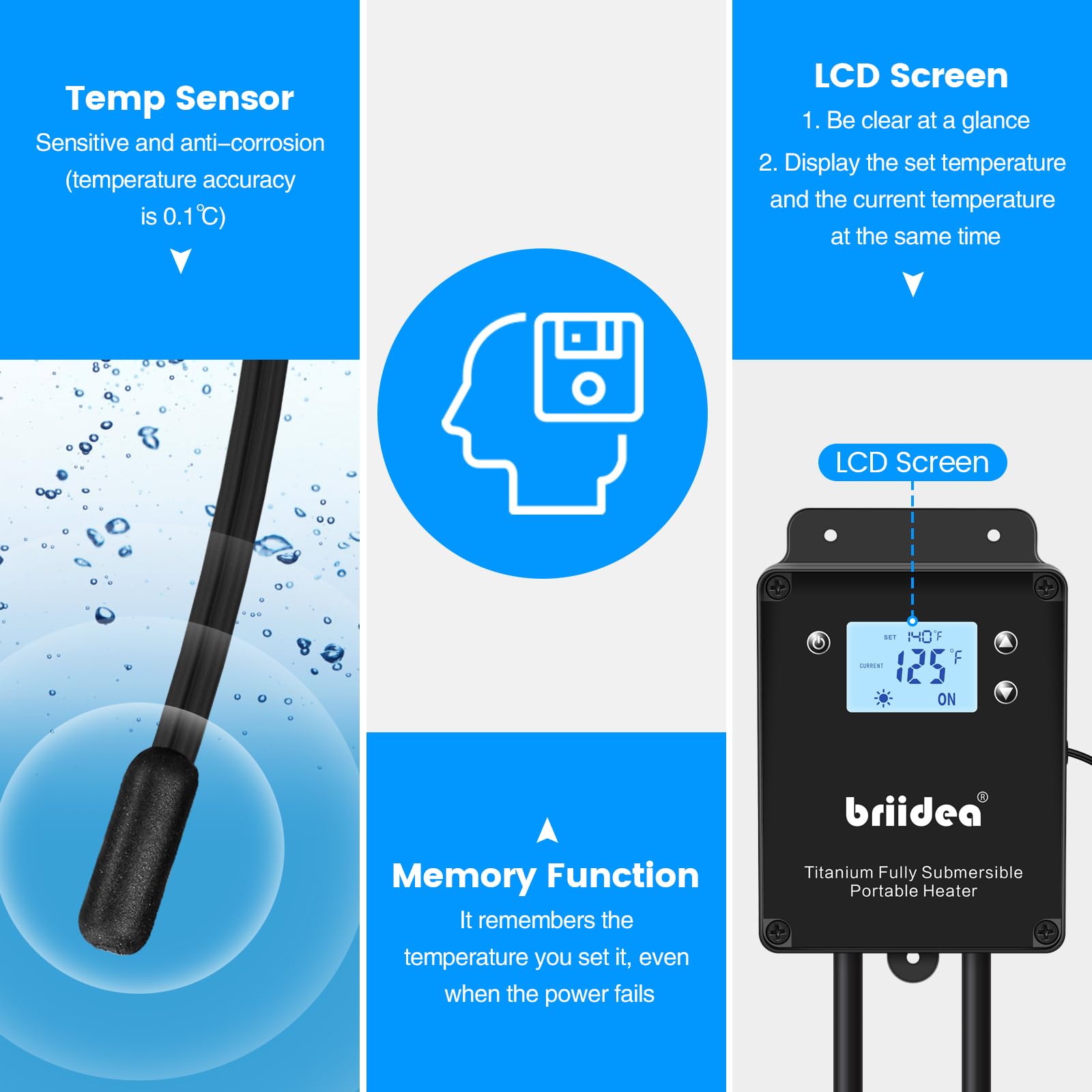 Briidea LCD display shows set and current temperatures for easy monitoring