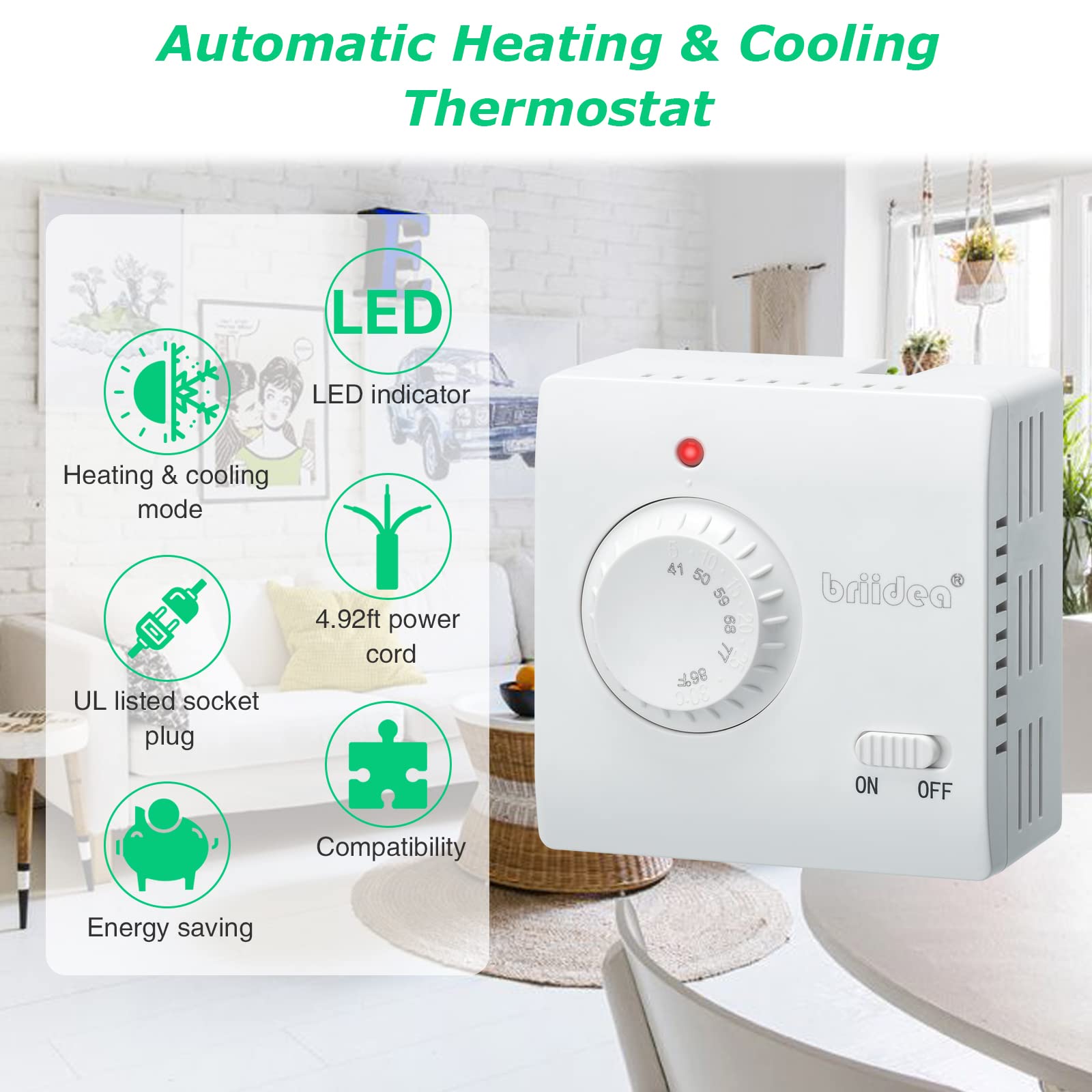 Briidea plug-in thermostat with LED indicator for easy heat or cool mode.
