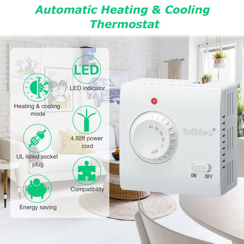 Briidea plug-in thermostat with LED indicator for easy heat or cool mode.