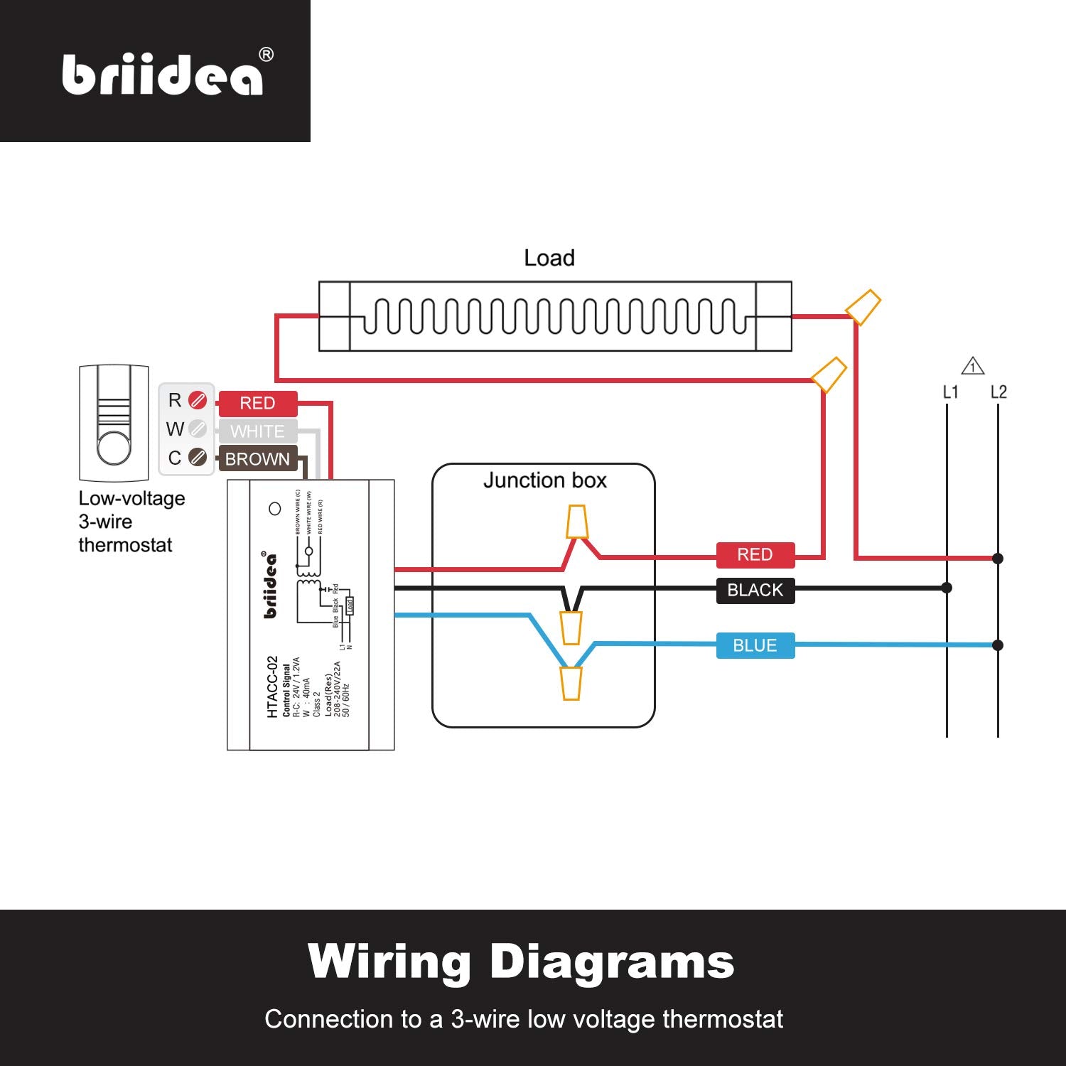 Briidea relay with 2-wire thermostat connections R, W for simple setups