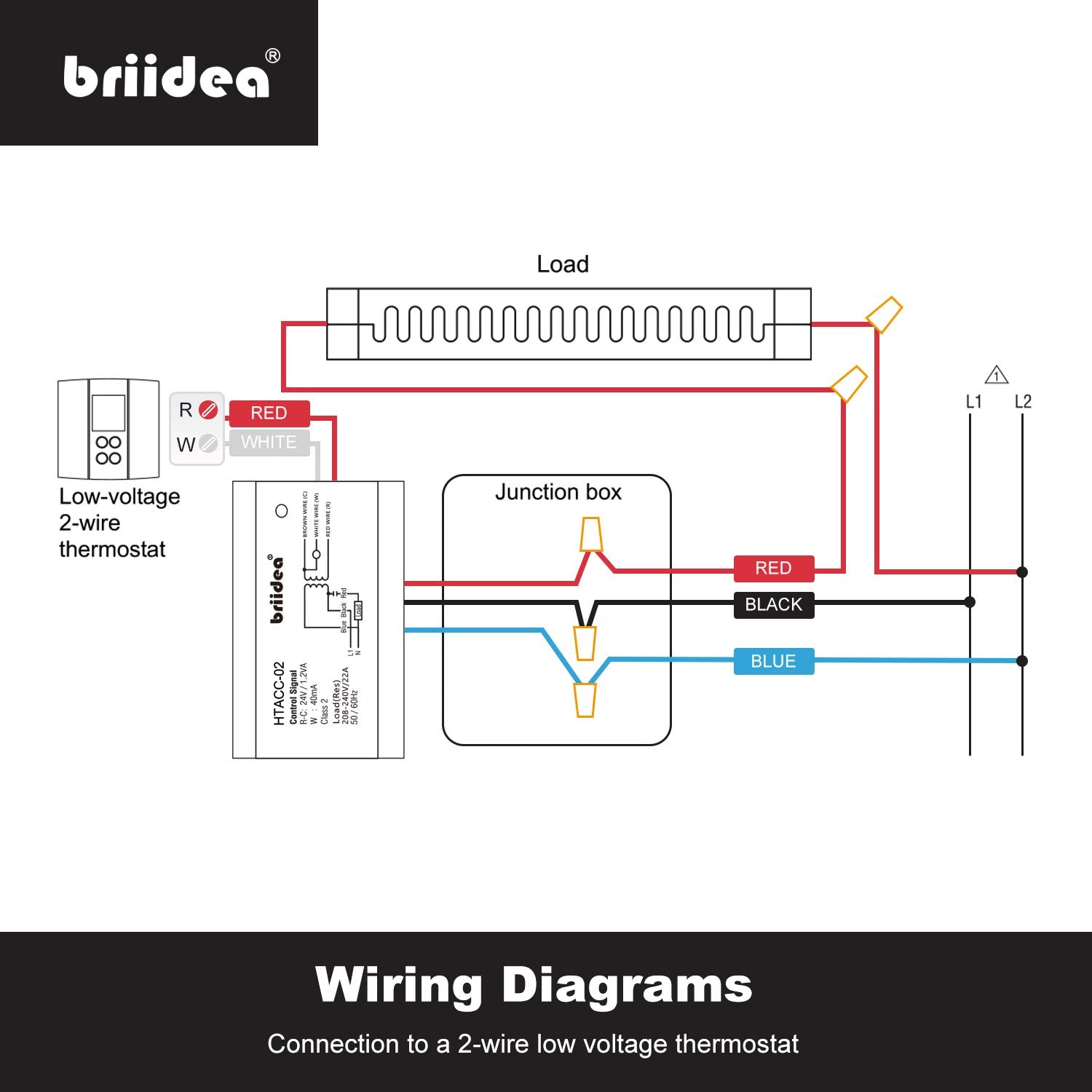 Briidea relay with 3-wire thermostat connections R, W, C for flexible control