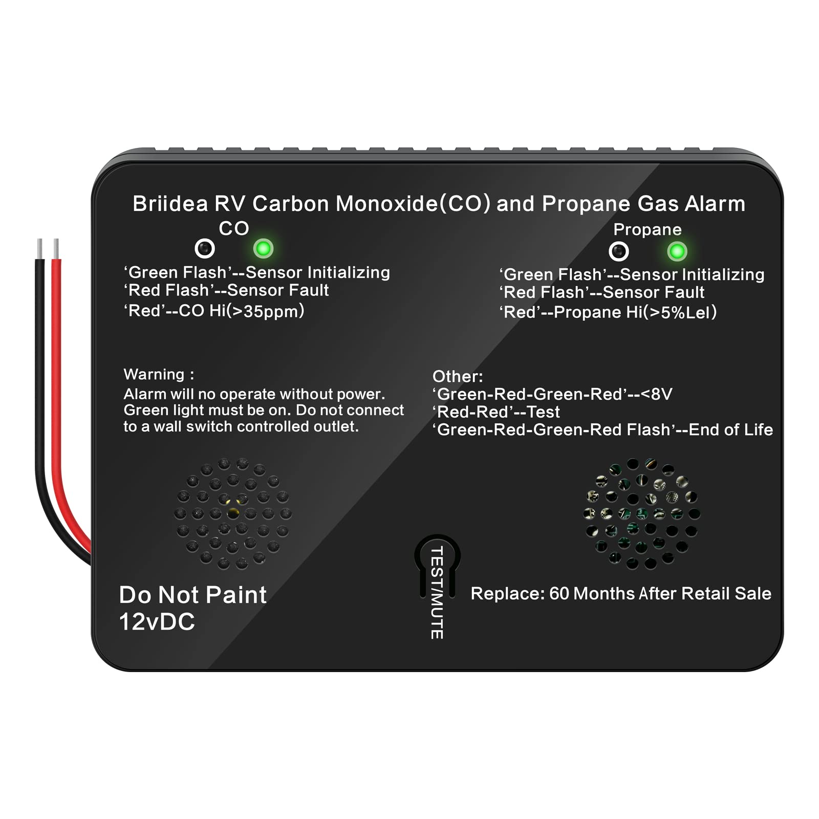 Briidea RV CO/LP alarm front view with dual detection for safer road trips.