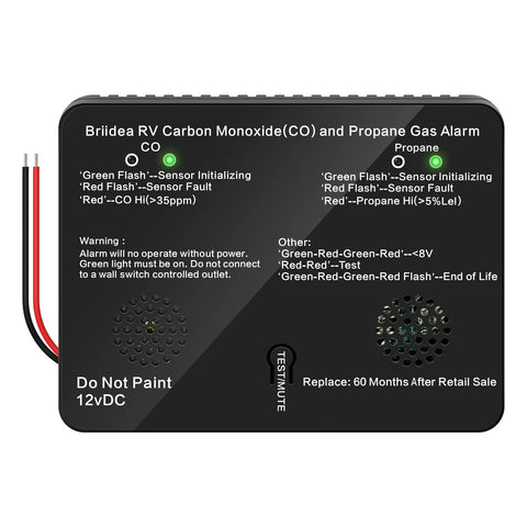 Briidea RV CO/LP alarm front view with dual detection for safer road trips.