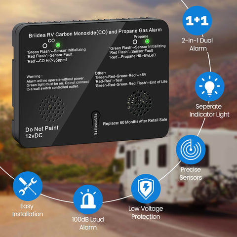 Briidea RV alarm LED indicators clearly showing CO and propane status during travel.
