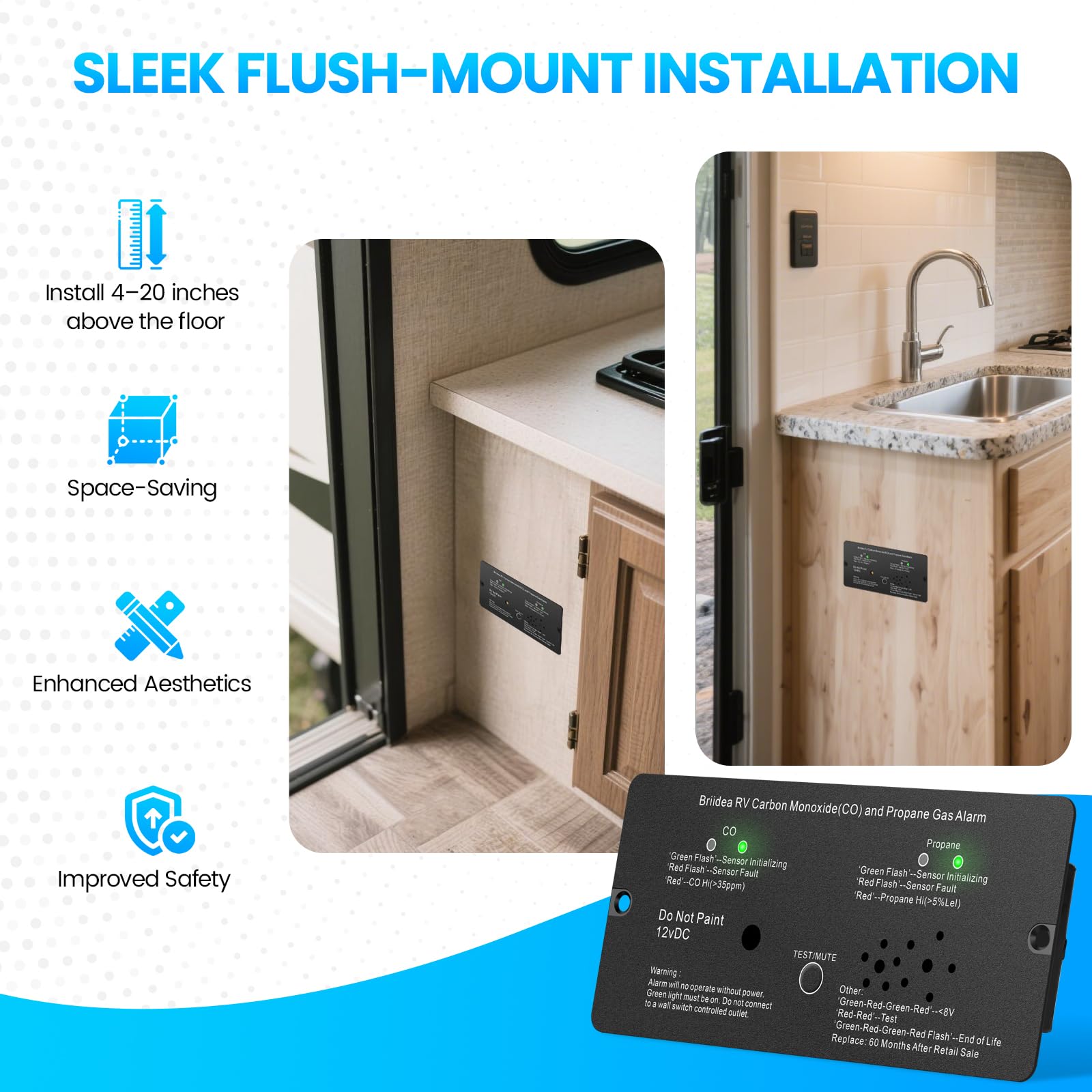 Briidea alarm mounted 4–20 inches from the floor for proper sensing