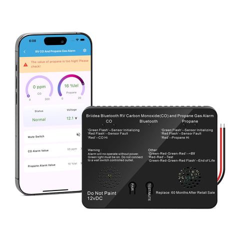 Briidea RV detector with Bluetooth app control for real-time CO and propane alerts.