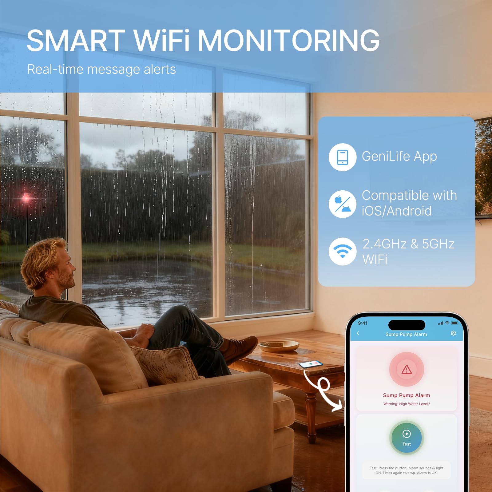 Briidea alarm unit with 110dB buzzer and LED signals rising water levels.