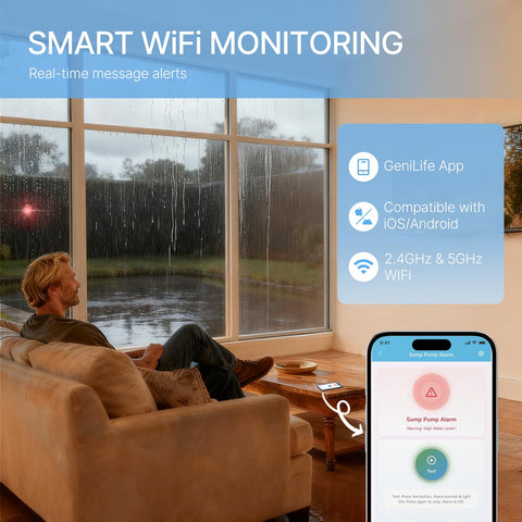 Briidea alarm unit with 110dB buzzer and LED signals rising water levels.