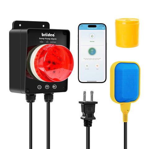 Briidea Smart WiFi Sump Pump Alarm front view with LED and buzzer for clear alerts.