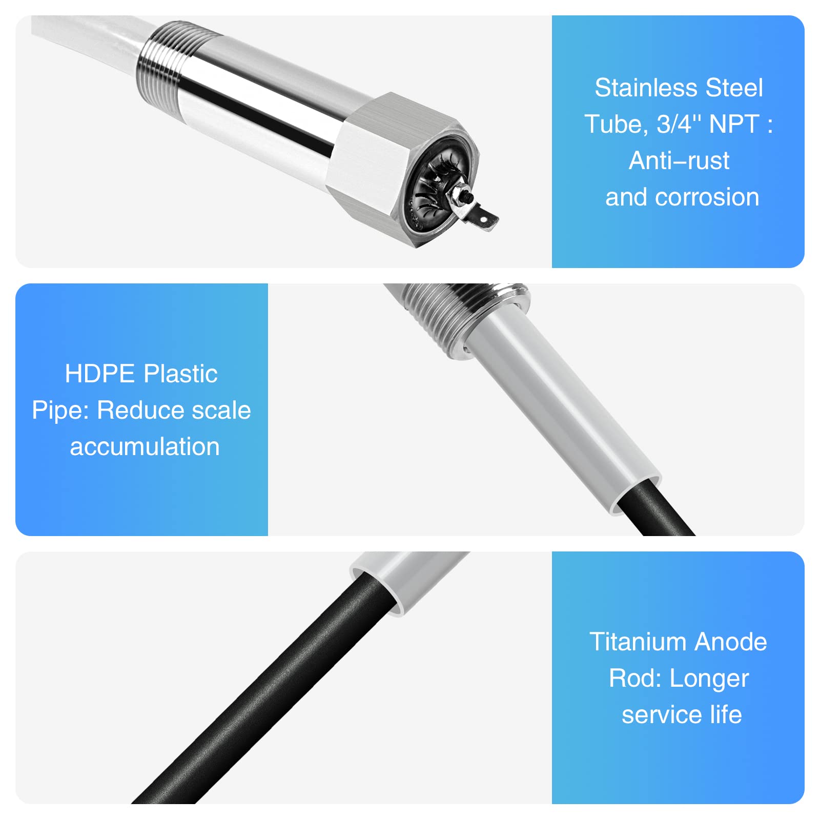 Stainless steel tube provides rust protection for the Briidea anode rod.