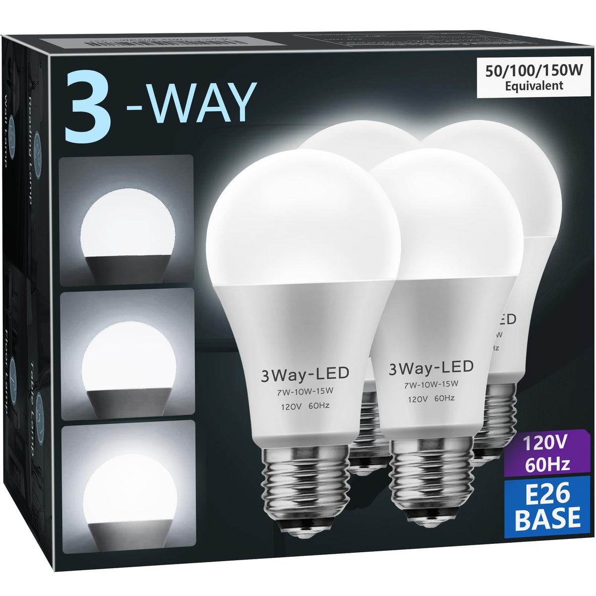 Briignite 3-way LED bulb showing 50/100/150W brightness levels for versatile lighting.