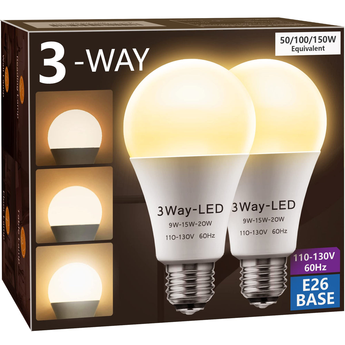 Briignite 3-way LED bulb packaging shows energy-efficient replacement option