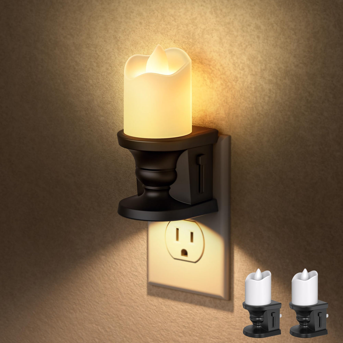 Briignite flameless candle night light in a two-pack plugged into an outlet for hallway ambiance.