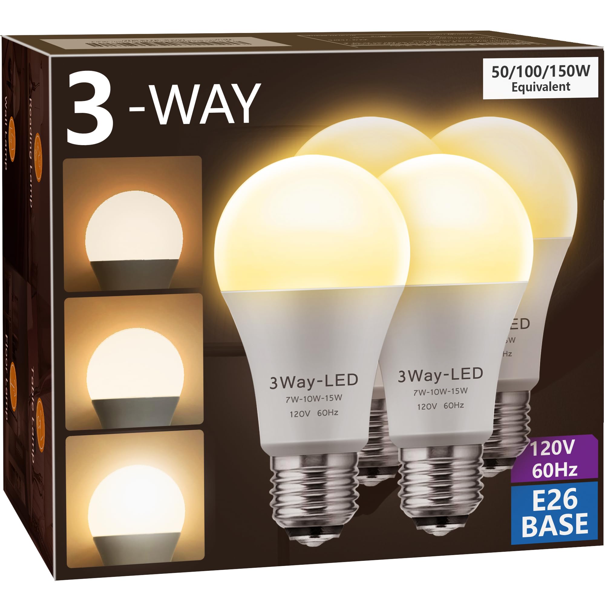 Briignite 3‑Way LED bulb showing 50/100/150W equivalent brightness in a living room.
