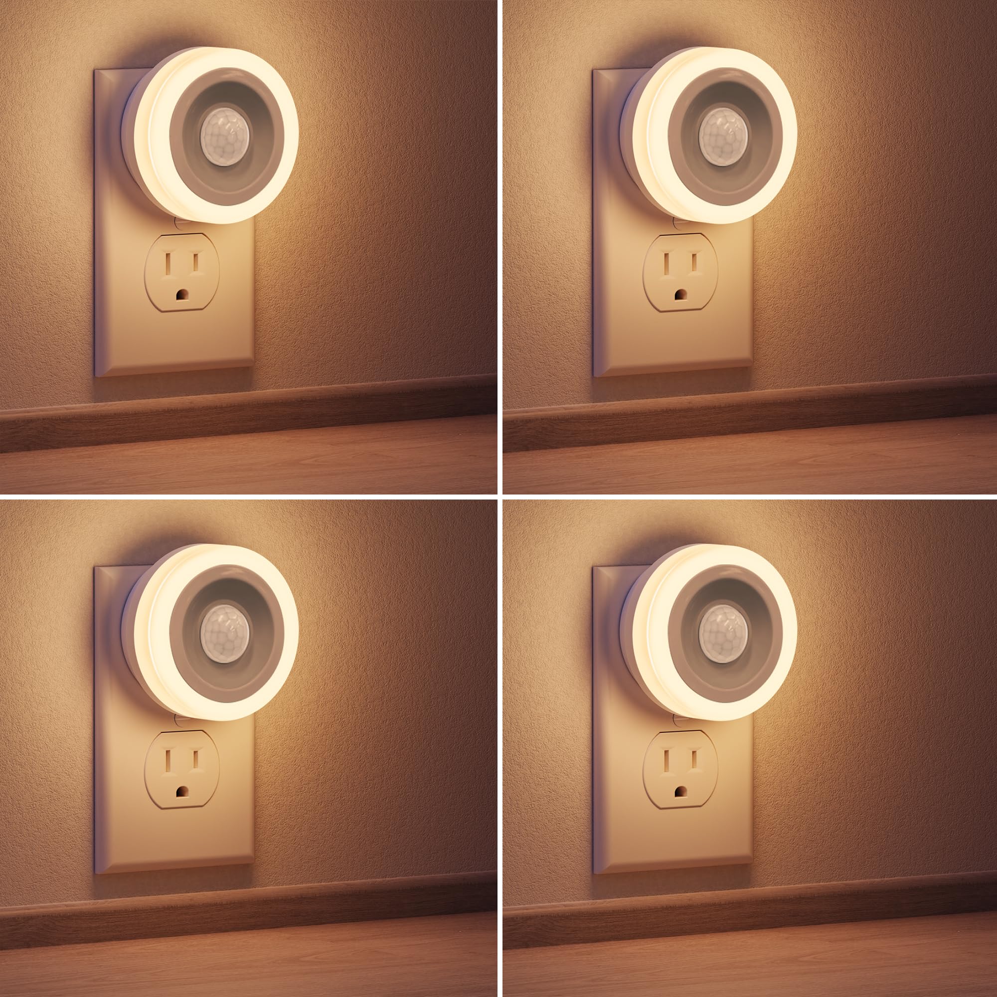 Briignite motion sensor night light plugged into wall outlet with warm glow