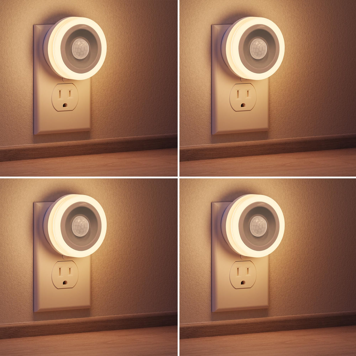 Briignite motion sensor night light plugged into wall outlet with warm glow