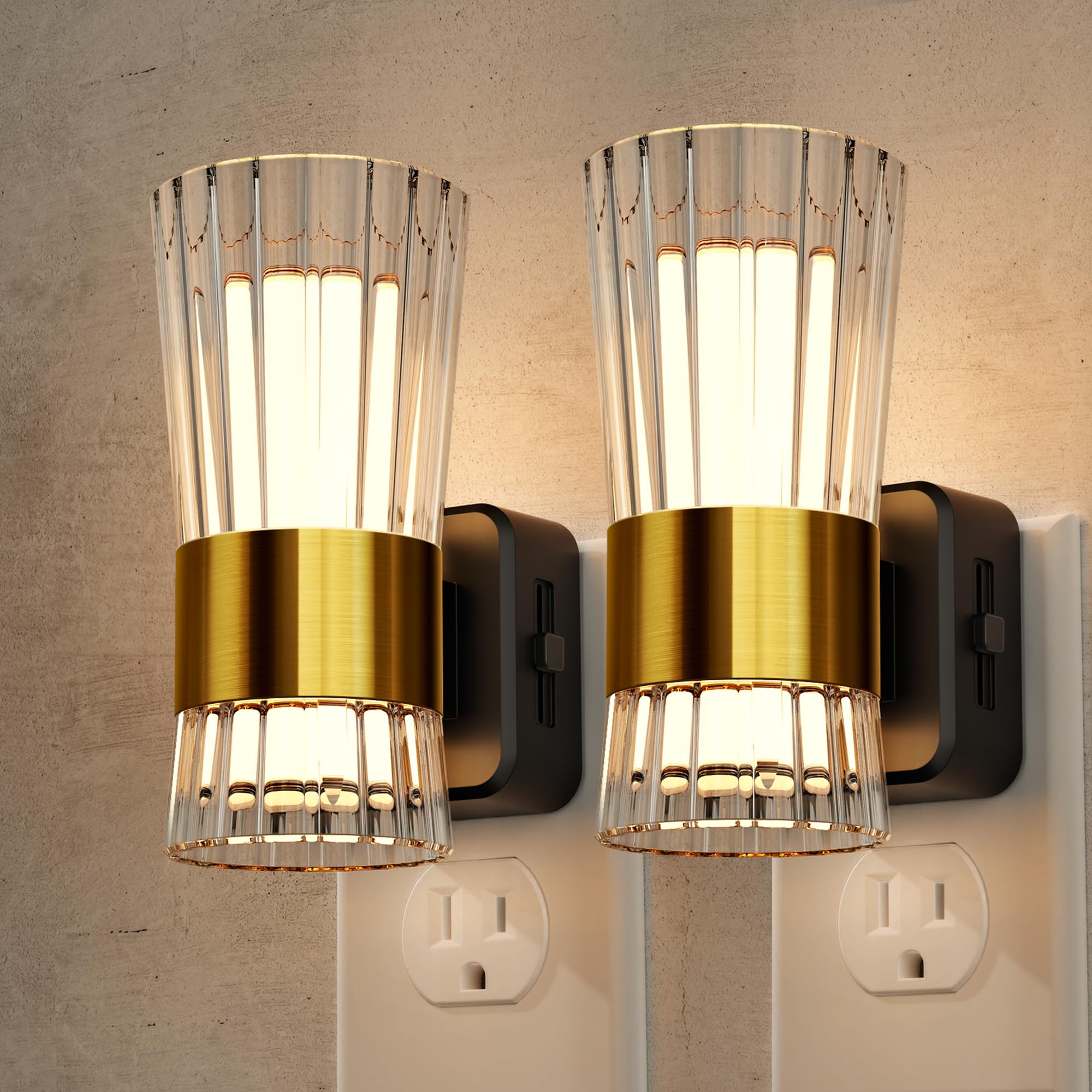 Briignite night light plug-in with gold ring adds stylish hallway lighting.