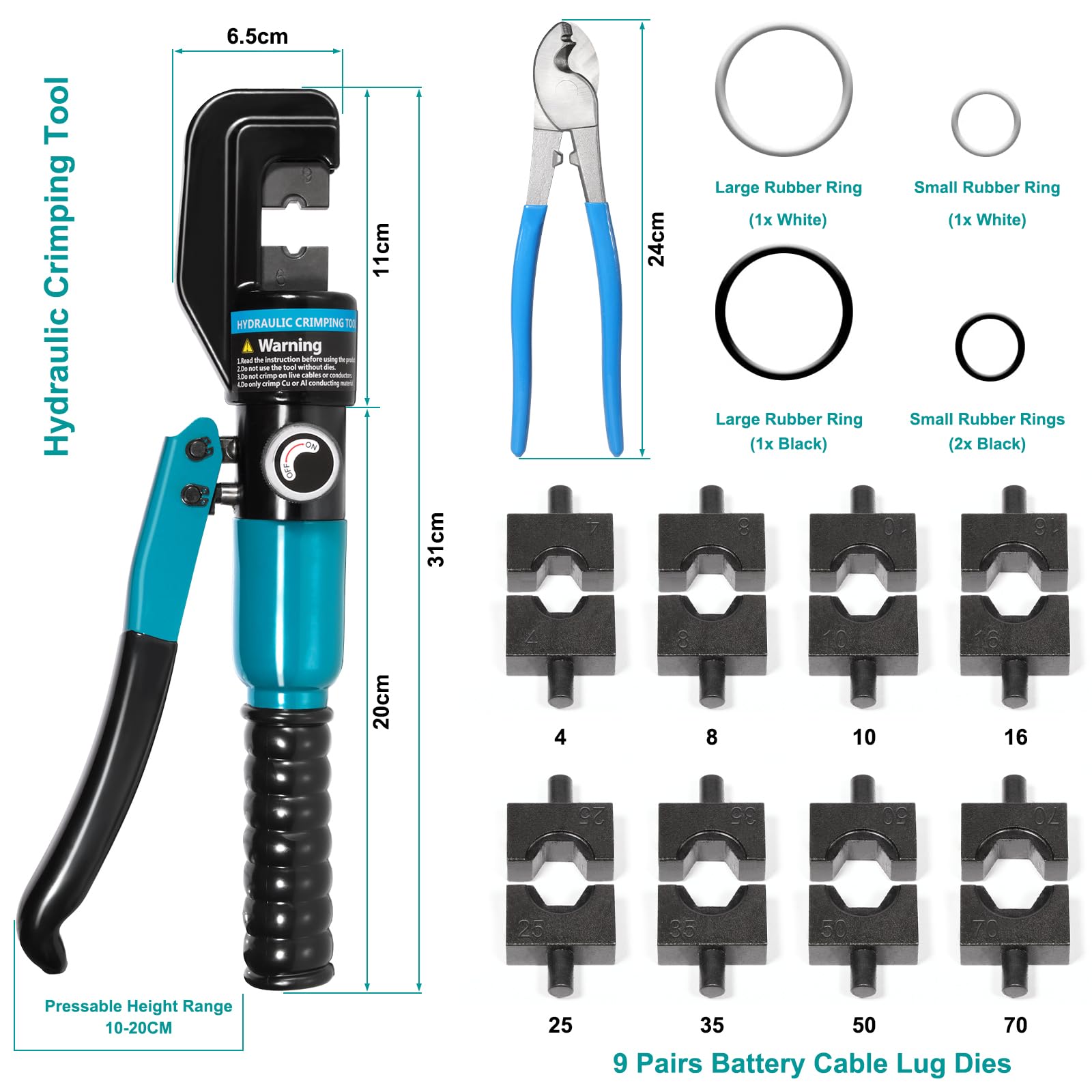 Brileine 9-dies kit showing versatile die sizes for 12 AWG to 2/0 AWG