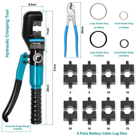 Brileine 9-dies kit showing versatile die sizes for 12 AWG to 2/0 AWG