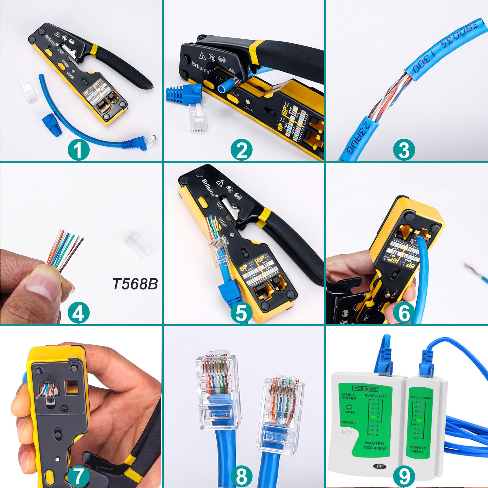 Brileine all-in-one crimp kit in use for home networking