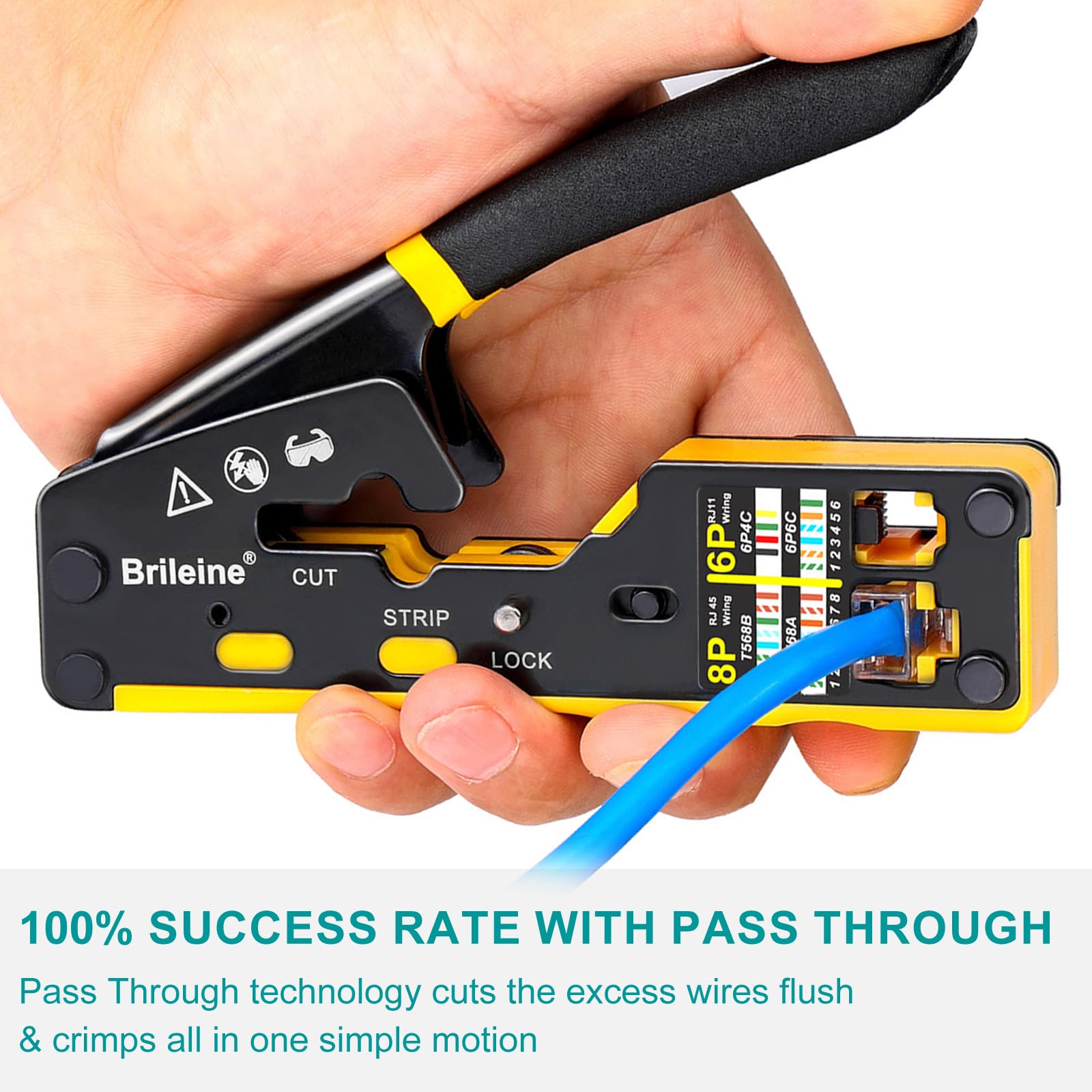 Brileine RJ45 crimp tool compatible with Cat5e, Cat6, and Cat6A networks.