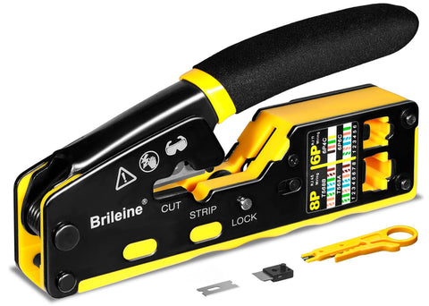 Brileine RJ45 pass-through crimp tool in compact design for easy one-handed use.
