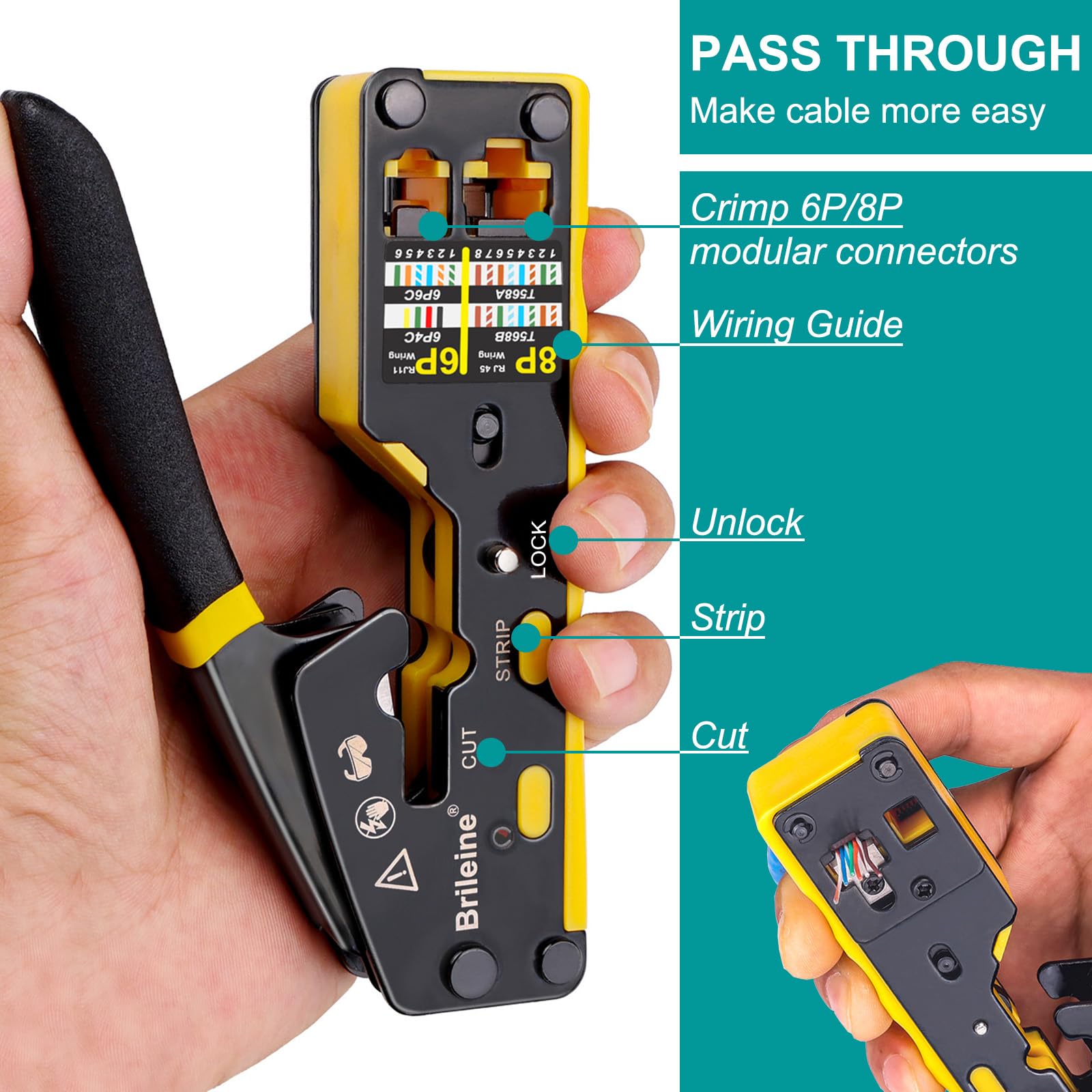 Brileine RJ45 pass-through crimp tool offers one-handed operation for quick terminations.