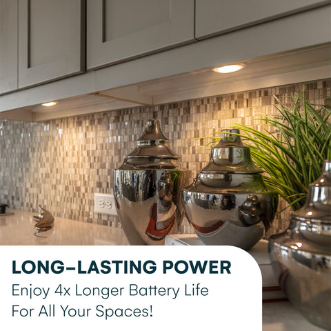 Brilliant Evolution 3000K warm white LED glow for cozy cabinet lighting with long battery life