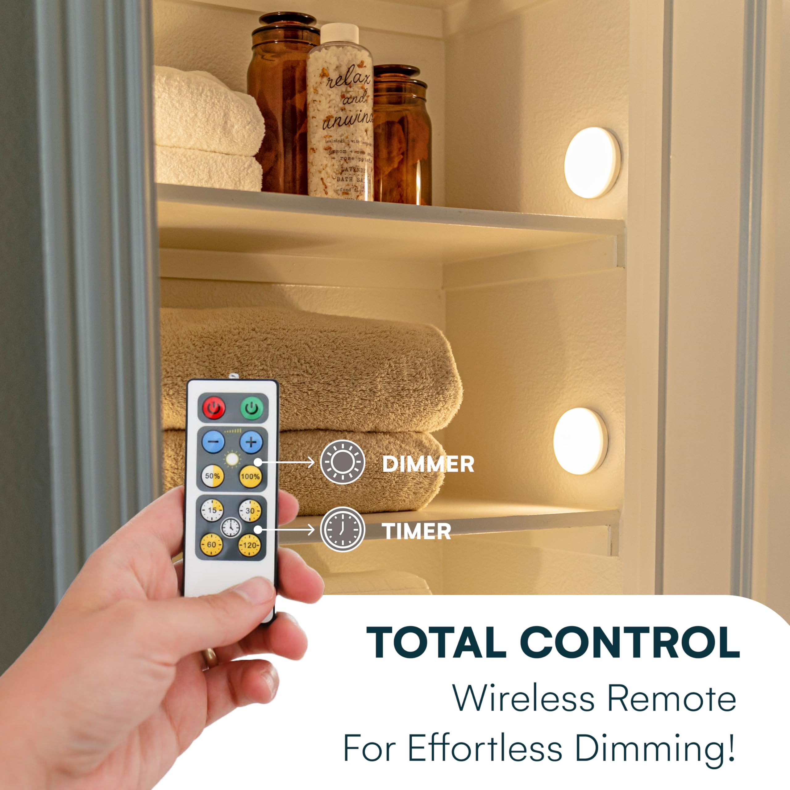 Brilliant Evolution remote-controlled puck light with adjustable brightness for closets and counters