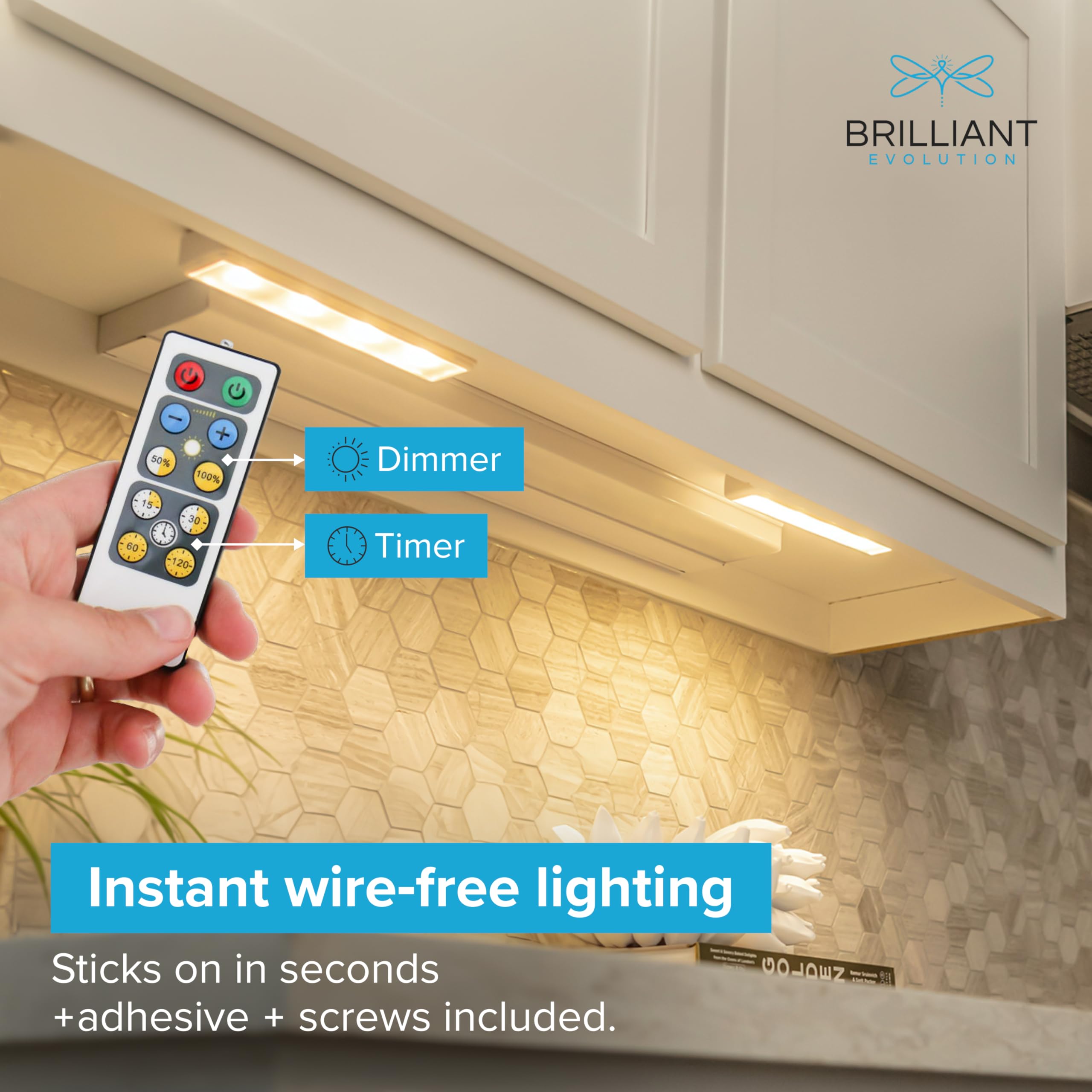 Brilliant Evolution under-cabinet battery-powered lighting for clutter-free kitchens and pantries.