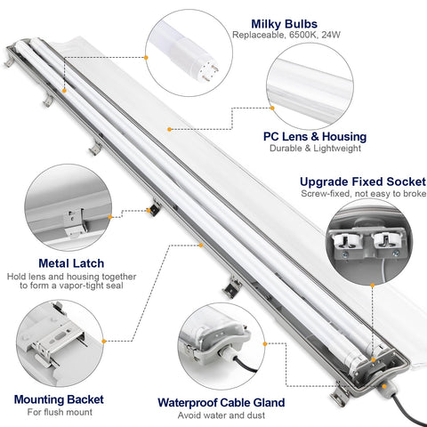 Brillihood ceiling-mount vapor-tight fixture ready for rugged garage use.