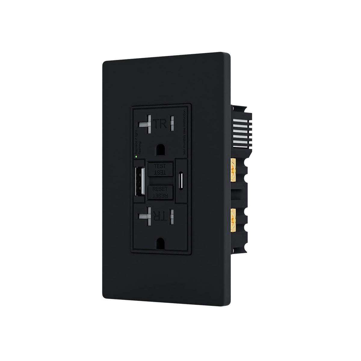 BRILLTECH GFCI outlet with dual USB ports for quick Type-A and Type-C charging