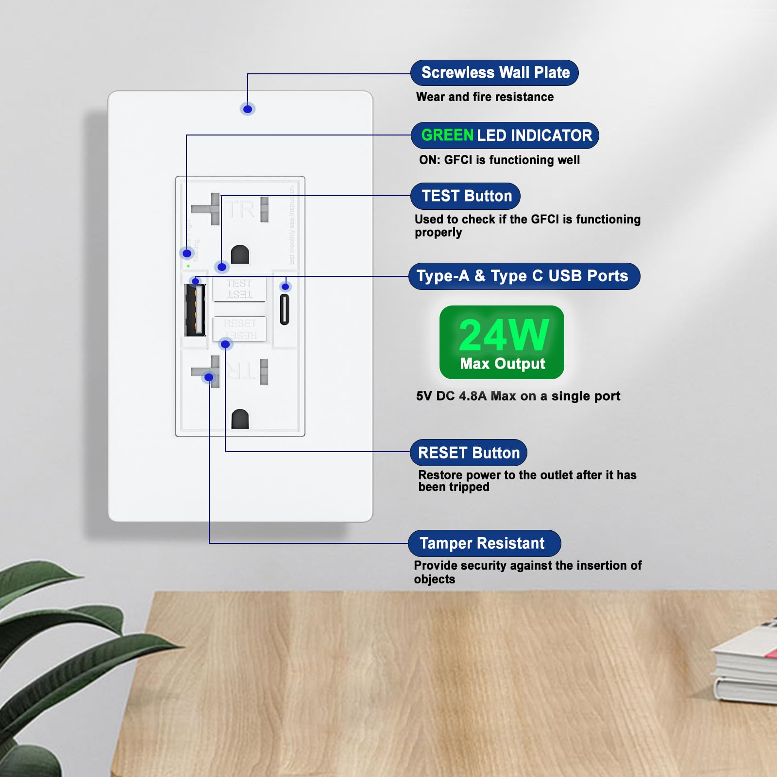BRILLTECH GFCI outlet LED indicator shows active protection status.