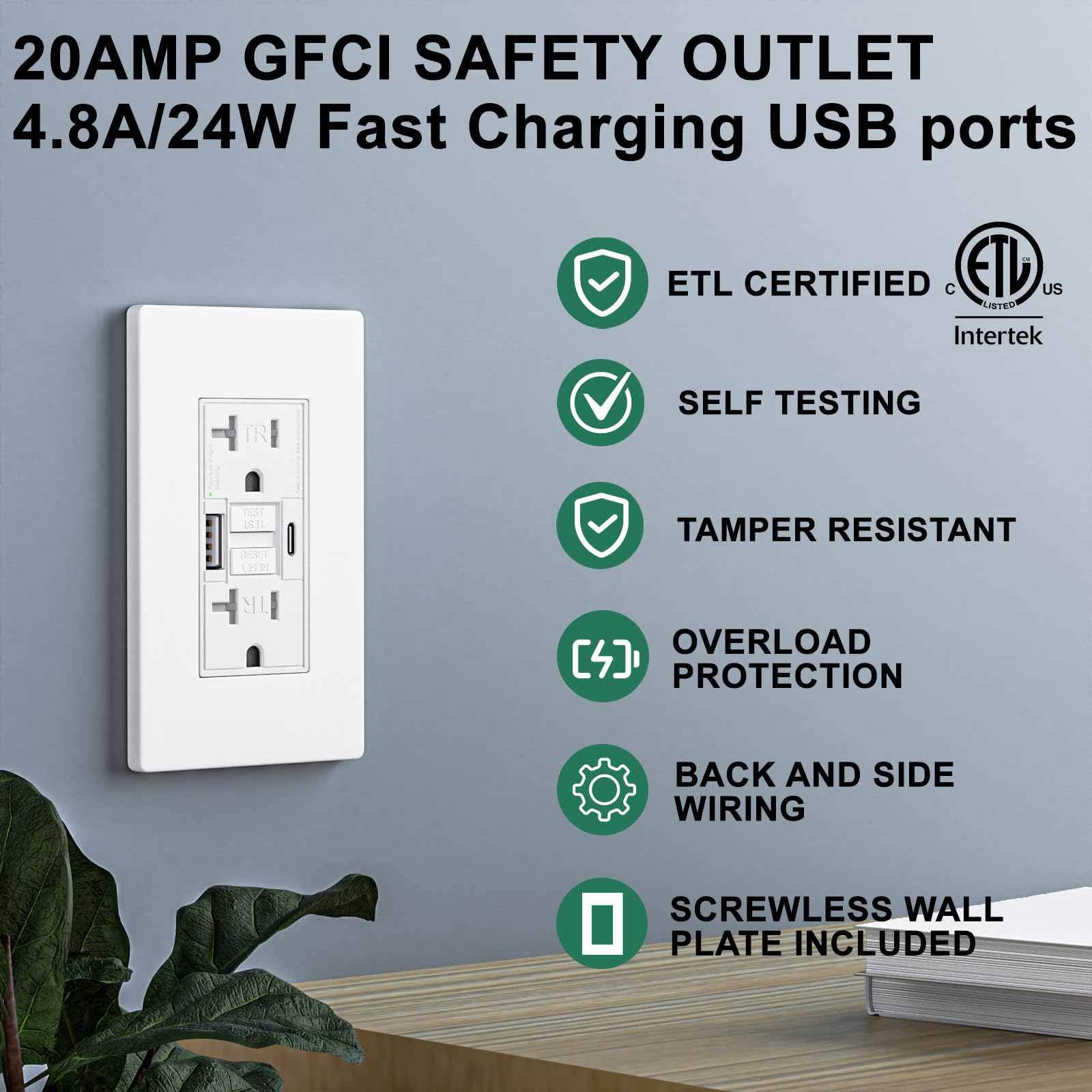 BRILLTECH GFCI outlet with USB-A and USB-C ports enabling simultaneous charging.
