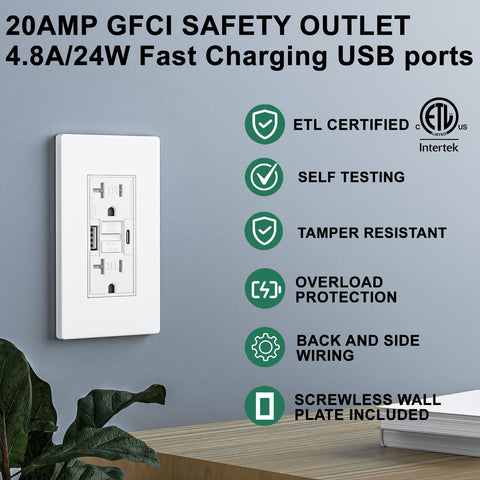 BRILLTECH GFCI outlet with USB-A and USB-C ports enabling simultaneous charging.