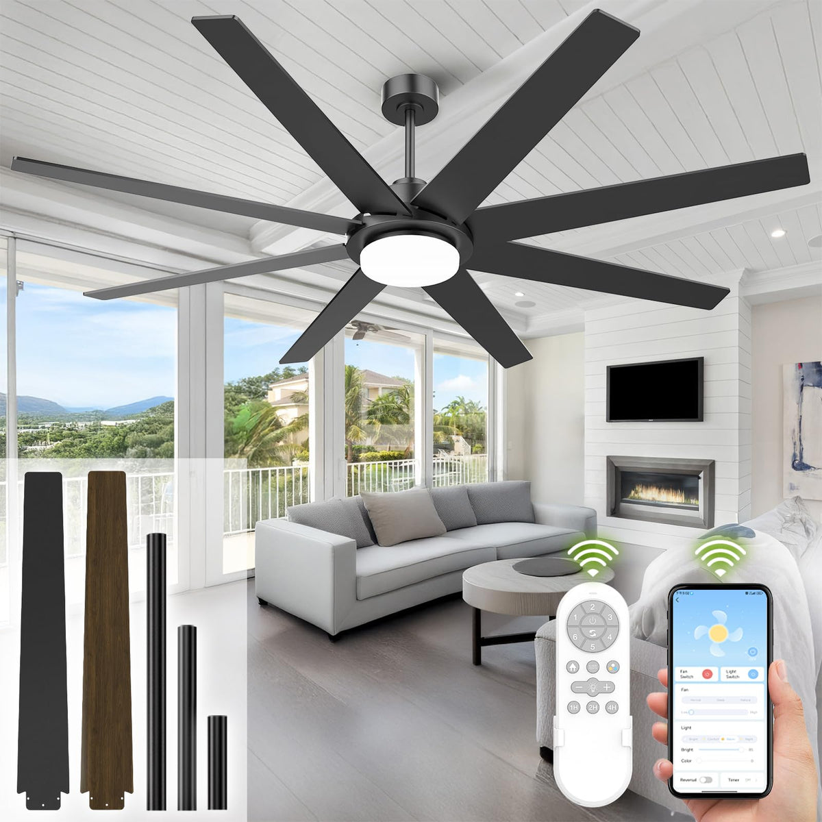 BrilMaison 72-inch ceiling fan with light, detailed view showing large blade span for broad air distribution