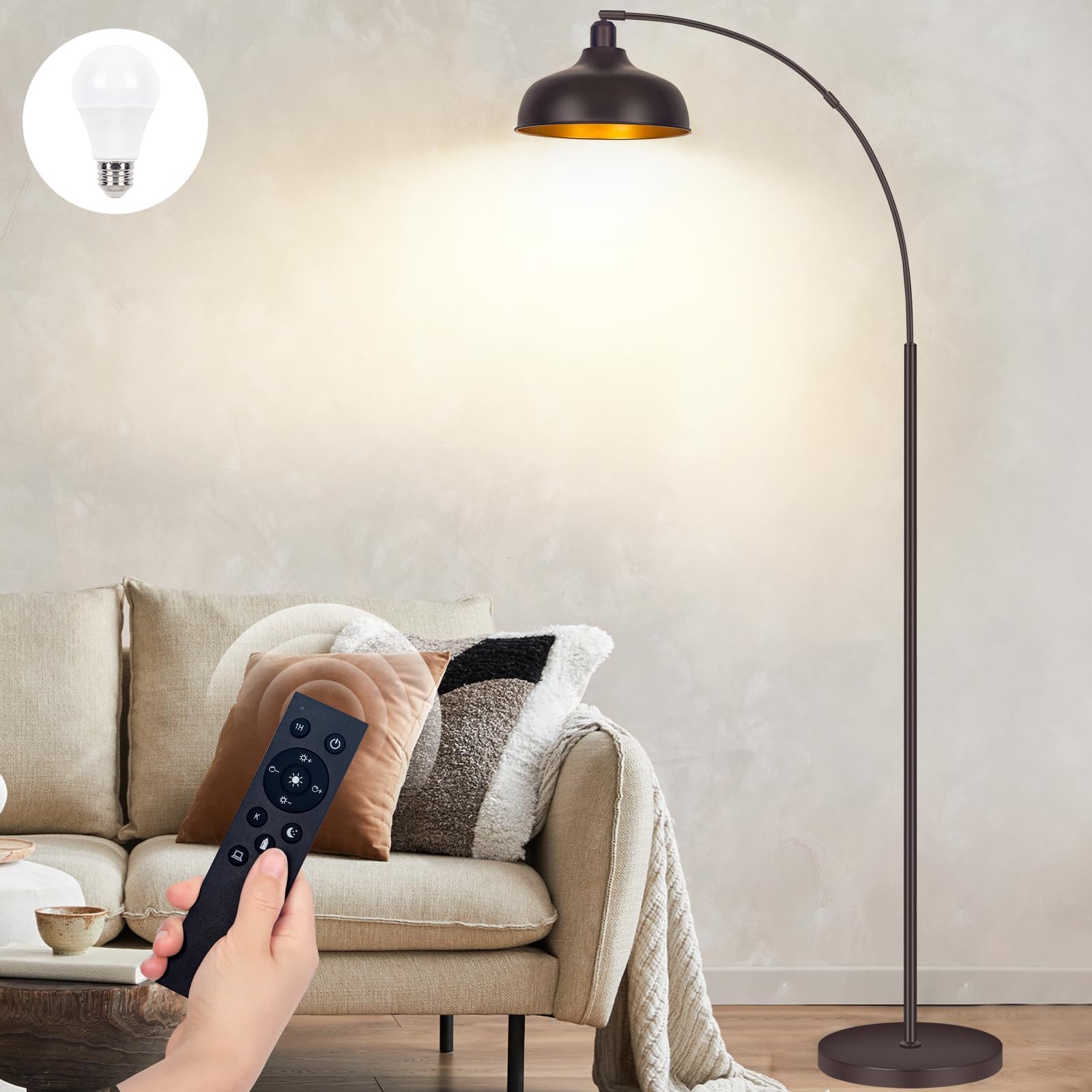 Brilvibera Arc Floor Lamp bronze arch over seating for ambient lighting.