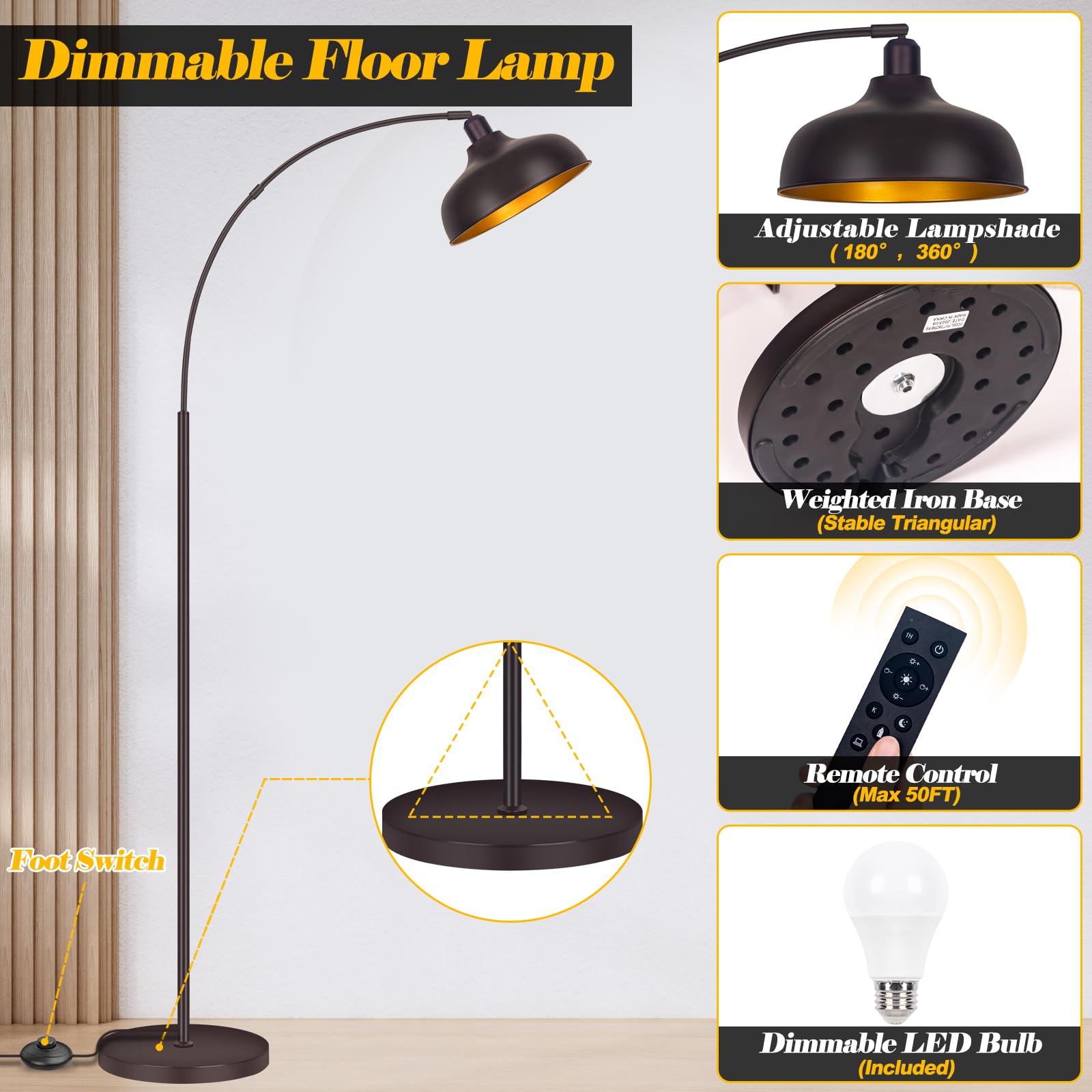 Brilvibera Arc Floor Lamp bronze shade rotates 360 degrees for focused light.