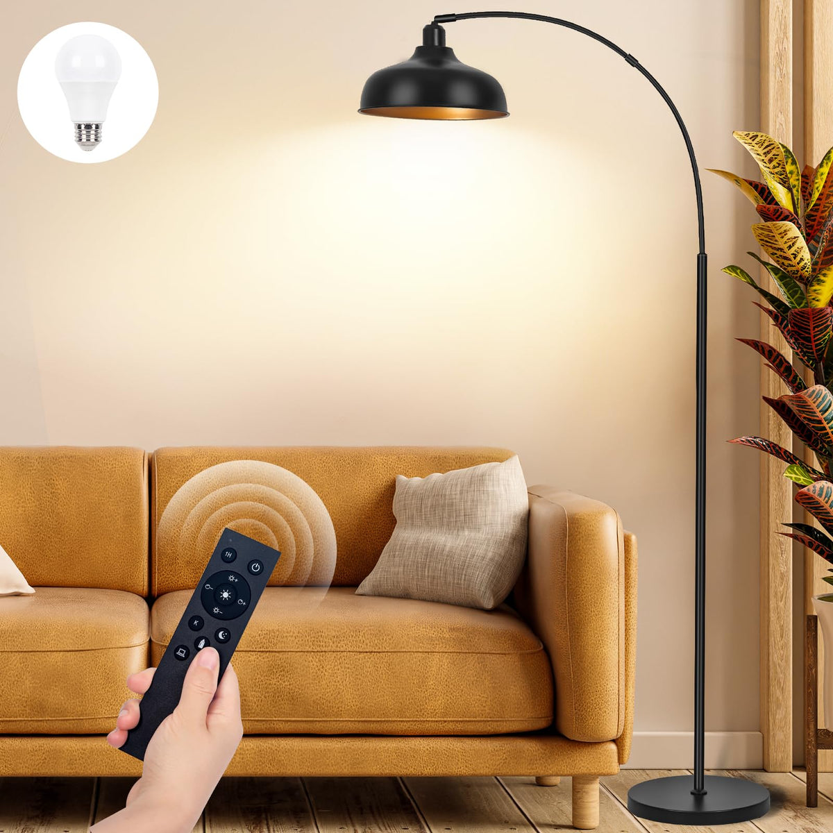 Brilvibera arch floor lamp arching over couch with warm, dimmable light for cozy evenings