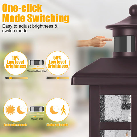 Brilvibera bronze outdoor light, dusk-to-dawn mode, soft-to-bright progression.