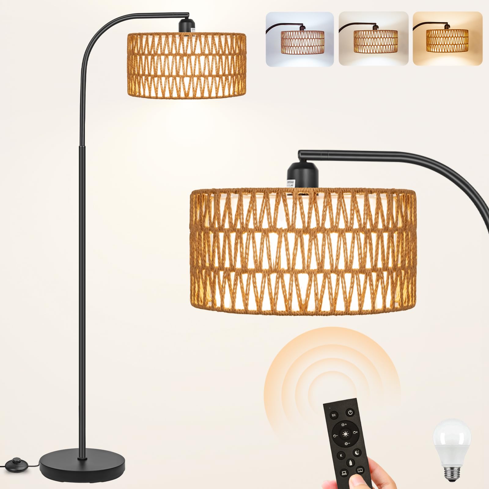 Brilvibera rattan floor lamp with double shades for versatile living room lighting