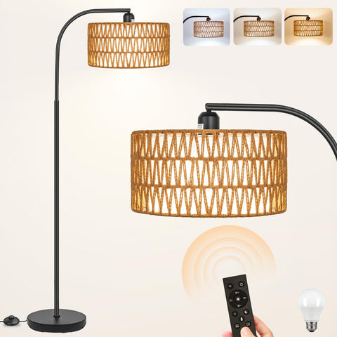 Brilvibera rattan floor lamp with double shades for versatile living room lighting
