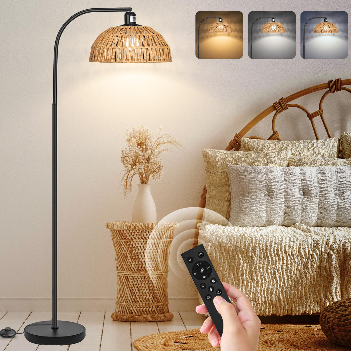 Brilvibera rattan floor lamp with remote control for easy mood lighting