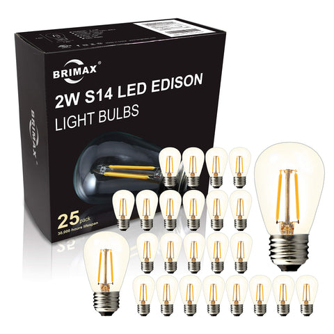BRIMAX 25-pack S14 LED bulbs for outdoor string lights with E26 base, energy efficient.